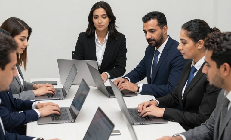 A professional team collaborating over documents and laptops in a modern office setting.