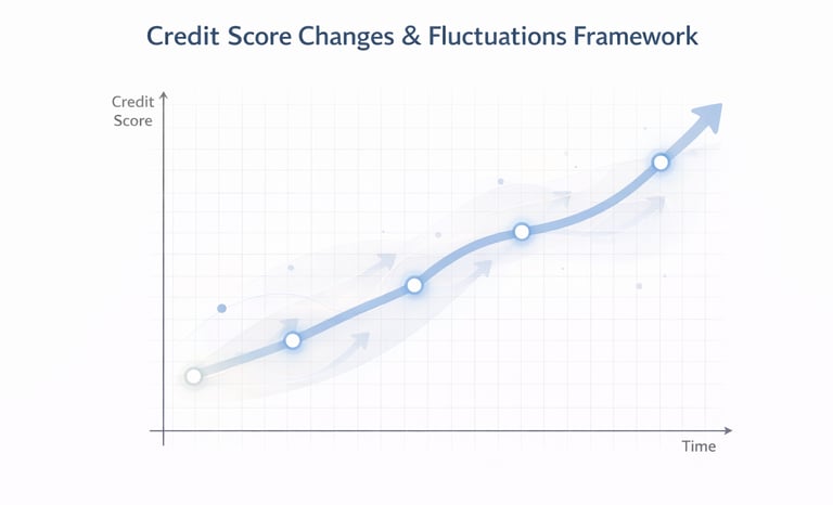 A line graph showing a credit score framework with a rising blue arrow indicating score fluctuations over time.
