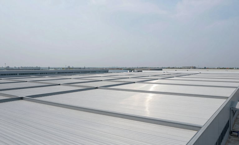 Extreme wide-angle architectural shot of a massive distribution center roof, modern clean lines, metallic structures reflecting cool overcast daylight