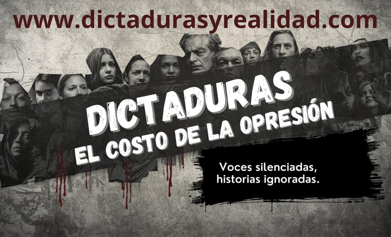 Poster for Dictaduras: El Costo de la Opresión featuring black and white portraits of silenced voices.