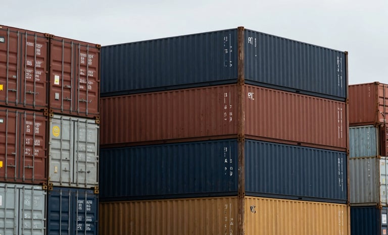 Cool overcast cargo docks, shipping containers stacked at a deep-water port, sharp focus, technical industrial photography