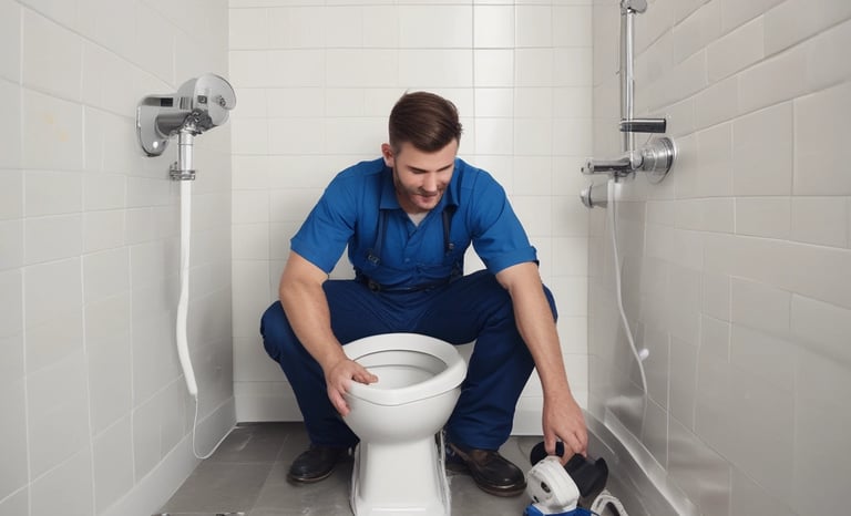 Professional plumber in blue uniform installing a white toilet in a tiled bathroom with plumbing tools.