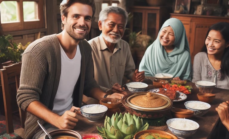 a group of people sitting around a table with food