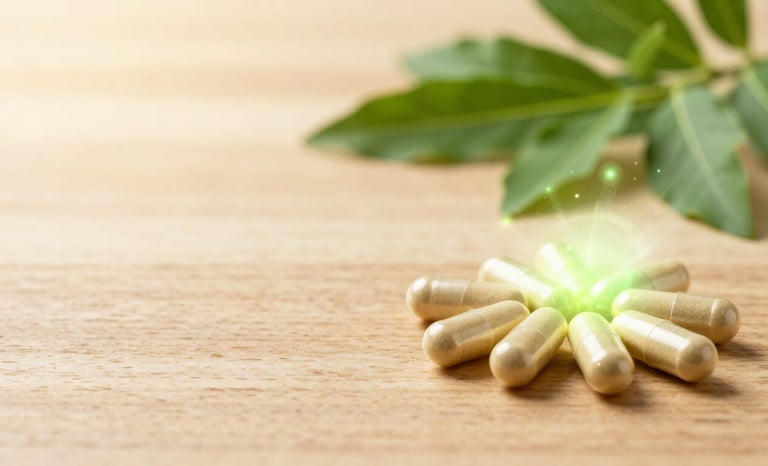 Moringa capsules with glowing energy concept showing cellular mitochondrial activation