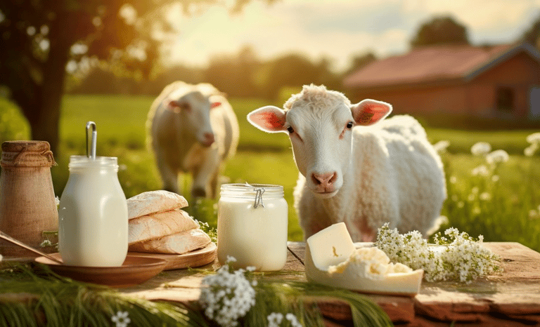 Fresh organic milk, cheese, and bread on rustic table with cow and sheep in sunny Iranian countryside field