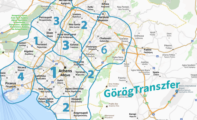 Athén transzfer zónatérkép