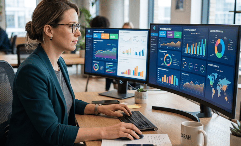 A female data analyst reviews business analytics and marketing growth charts on dual monitors in a modern office.
