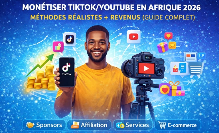 Monétiser TikTokYouTube en Afrique 2026 créateur africain, smartphone TikTok, caméra YouTube, vues