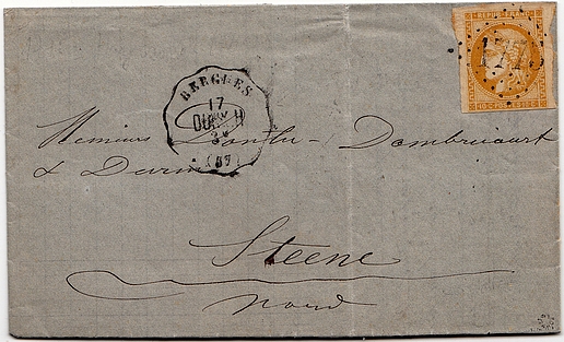 Letter from BERGUES to the village of STEENE in the same rural district.