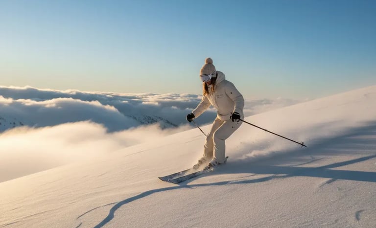 Aesthetic cream ski outfit for women snowboarding on a cloudy mountain peak, Amazon winter fashion.