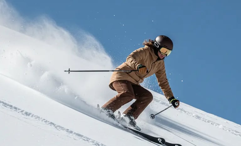 Action shot of woman skiing carving through powder wearing camel jacket and brown trousers.