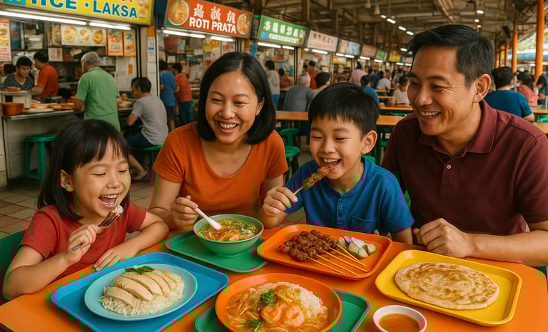 Family enjoying authentic Singaporean dishes like chicken rice and satay at a local hawker center