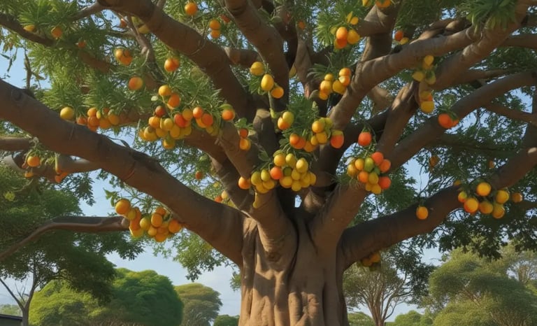Árvore de jenipapo frutificando, com tronco grosso e raízes expostas, cheia de frutos amarelo-alaran