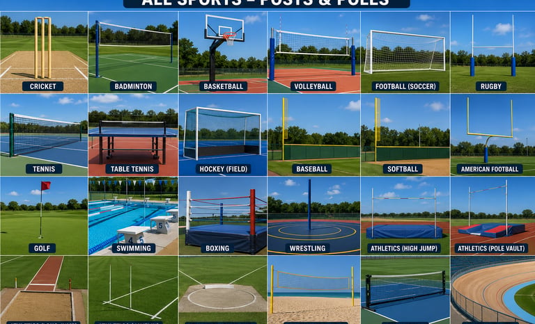 A comprehensive infographic showing various sports equipment including posts, poles, and nets for cricket, basketball, and