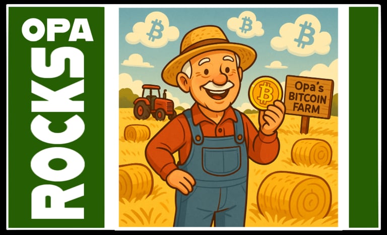 Opa Rocks Cartoon of Old Farmer Farming Bitcoin