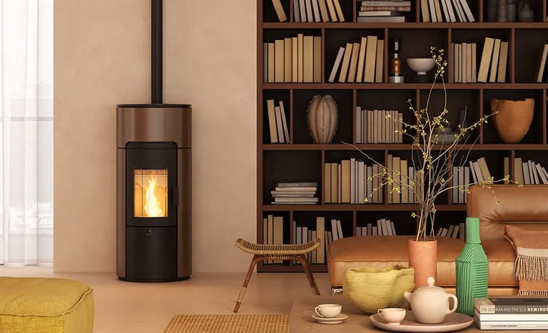 a living room with a fireplace and a bookcase