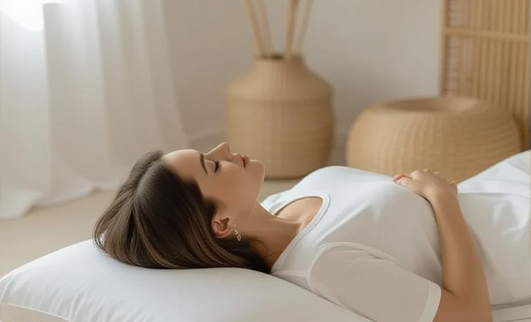 a woman laying on a bed with a pillow and a pillow