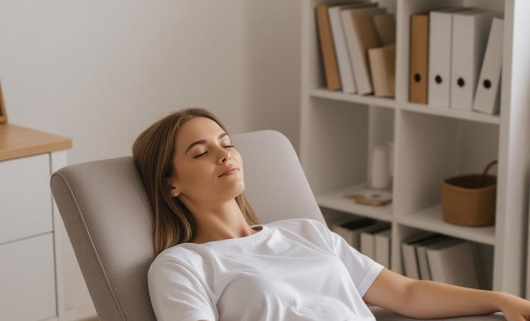 a woman sitting in a chair with her eyes closed