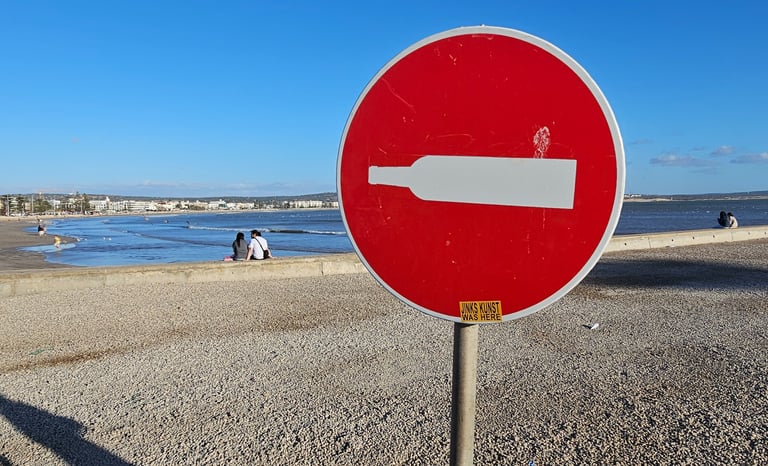 Détournement de panneaux de signalisation représentant une bouteille de bordeaux sur un sens interdi