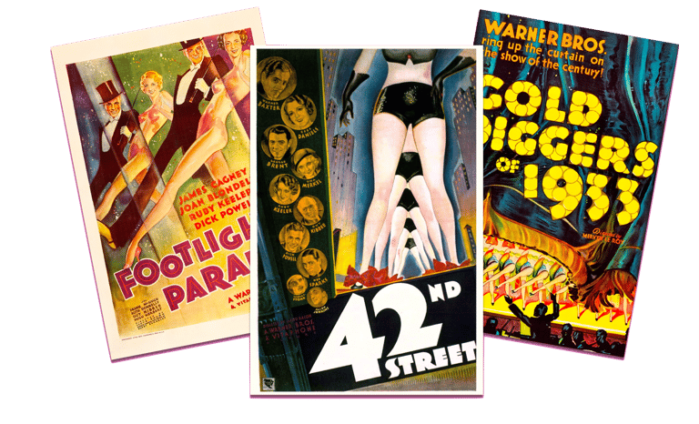 Collage of posters for Footlight Parade, 42nd Street, and Gold Diggers of 1933 with 42nd Street domi