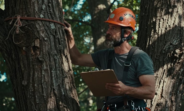 An arborist studying a tree doing a risk assessment establishing a tree value for property valuation