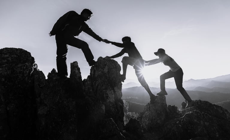 a group of people helping each other to climb up to the top of a mountain