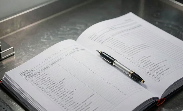 Wide-angle view of a structured protocol binder open on a steel workbench, annotated pages with tables and task sequences visible, a ruler and pen positioned precisely beside the document, cool overhead fluorescent light, systematic and orderly composition