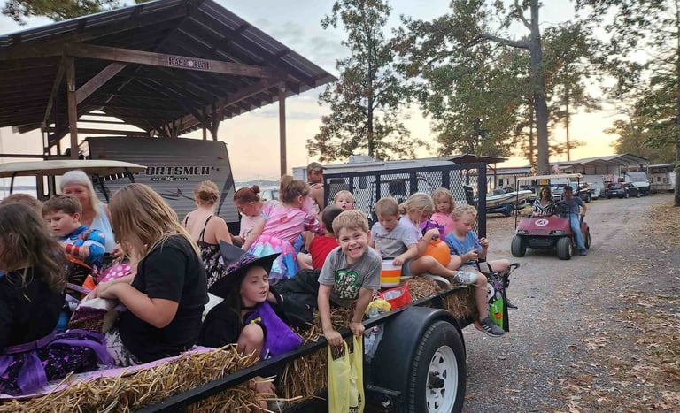 kids in halloween costumes on a hayride