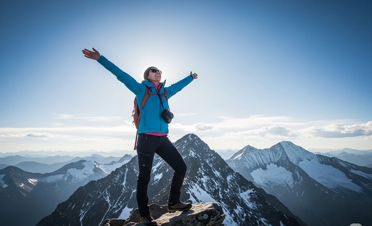 Female hiker with a backpack cheering on a snowy mountain summit during a sunny day of hiking.