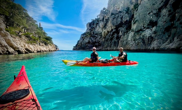 Sea kayak in cristal clear waters in Calanques Cassi