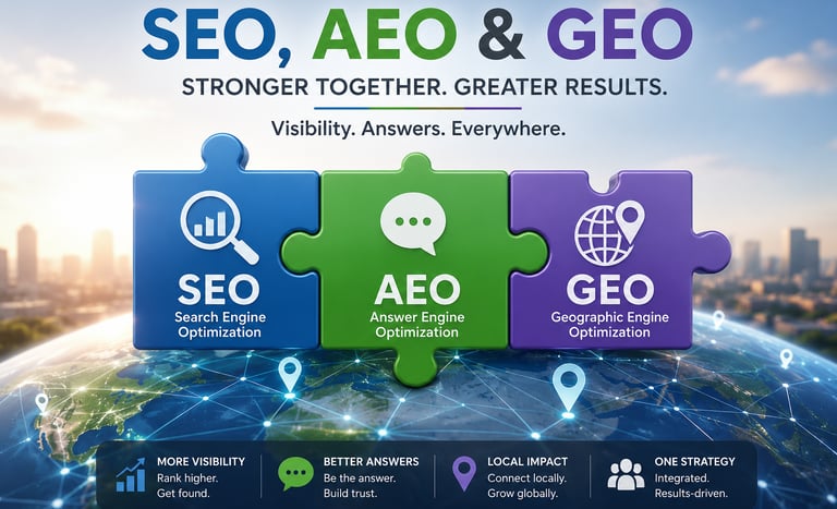 Infographic showing SEO, AEO, and GEO jigsaw pieces representing integrated digital marketing strategies.