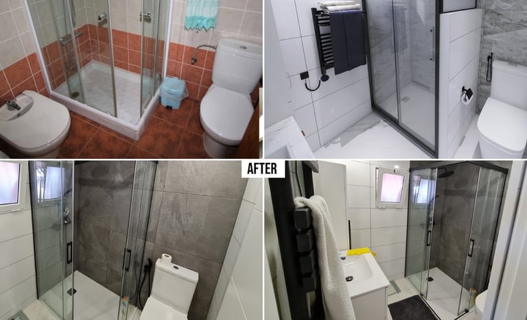 Bathroom before and after villa reform in La Marina, replacing dated orange tiling with modern wall