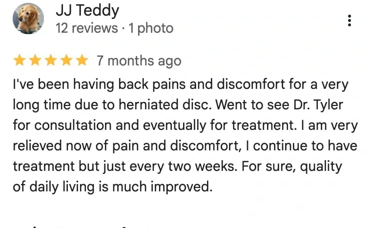 J Teddy relieved of pain from herniated disc, improving quality of daily living through treatment.