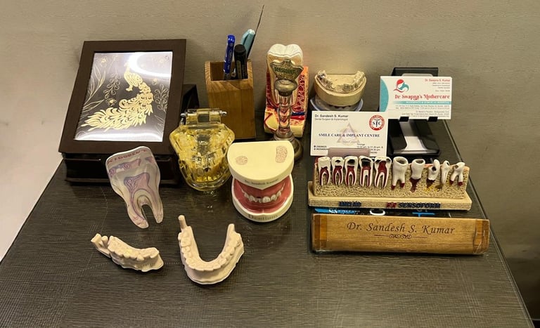 Dental clinic desk with various anatomical tooth models and jaw replicas for patient education.