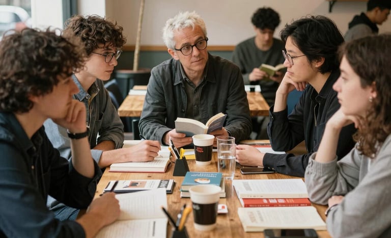 Participants engaged in a creative writing workshop, pens and notebooks in hand, surrounded by inspiring books.