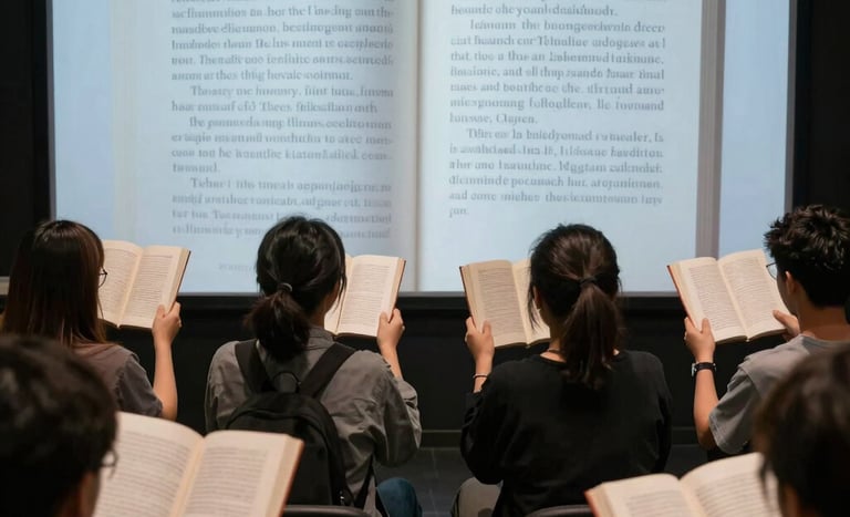 Participants engaged in a creative writing workshop, pens and notebooks in hand, surrounded by inspiring books.