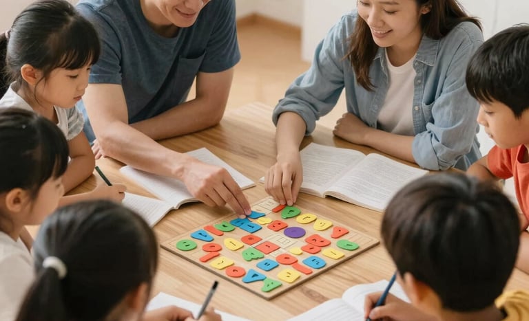 A lively group reading a theatrical story with expressive gestures in a cozy room.