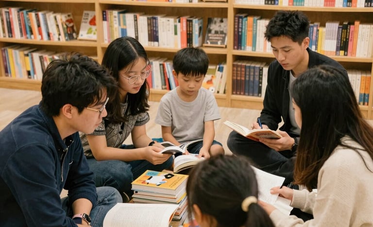 Participants engaged in a creative writing workshop, pens and notebooks in hand, surrounded by inspiring books.