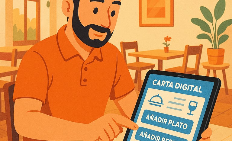 Ilustración en Proveedores, hostelero manejando su carta en Dighoreca