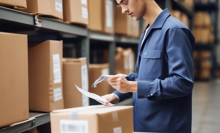 An open notebook with handwritten shipping tips next to a cup of coffee and a shipping box.