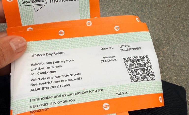 Great Northern (GN) National Rail ticket to Cambridge from London, UK