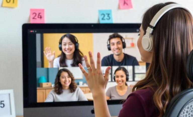 a woman in headphones and headphones is sitting at a computer screen