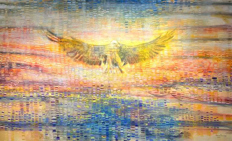 very large original oil painting of eagle using brilliant rainbow colors