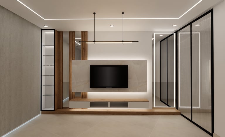 a modern living room with a flat screen tv