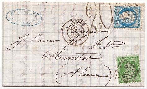 Letter franked at 25 c (tariff of 01/09/1871) for MUNSTER. Tax "20" applied at MULHOUSE.
