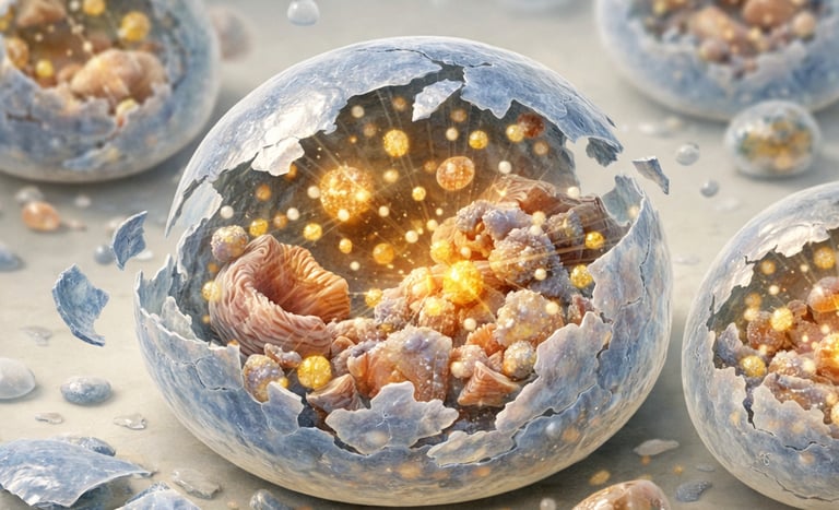 Ilustração microscópica científica mostrando células humanas em processo de autólise