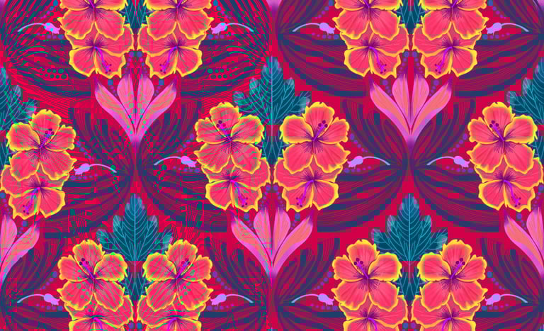 Flores ilustradas en digital con colores llamativos, mezcla de rojo con amarillo.