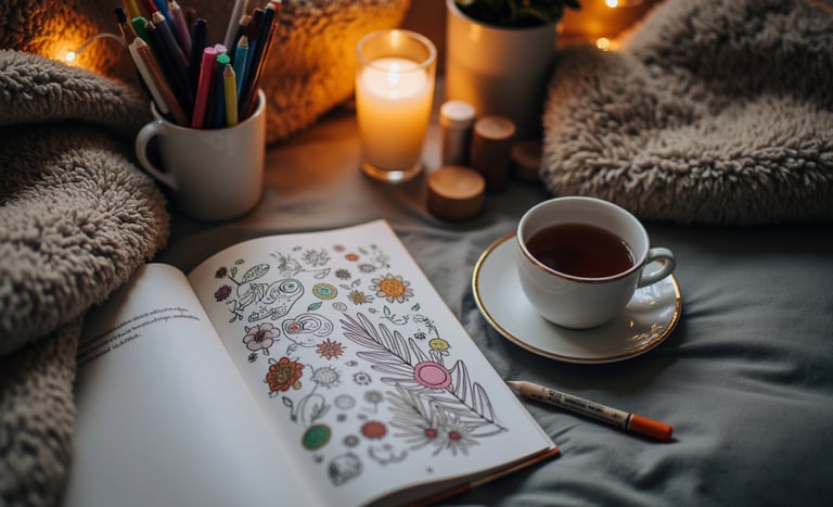 cozy coloring area with tea and candles