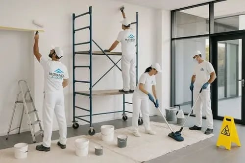 Grupo de pintores pintando un local con la furgoneta de multiservicios alicante afuera en la calle