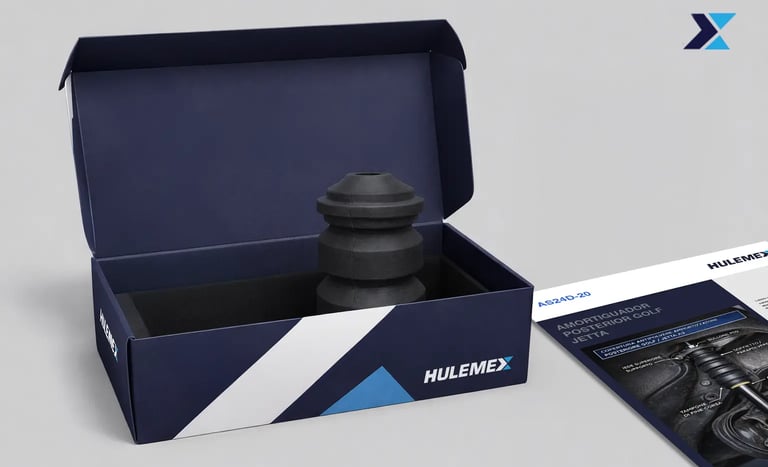 packaging aperto con componente auto e scheda tecnica, esempio di packaging descrittivo coordi